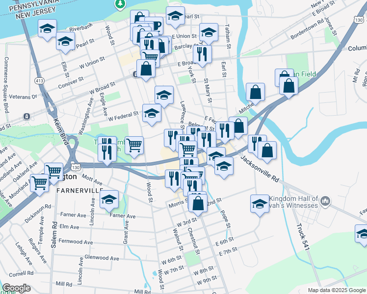 map of restaurants, bars, coffee shops, grocery stores, and more near 576 High Street in Burlington