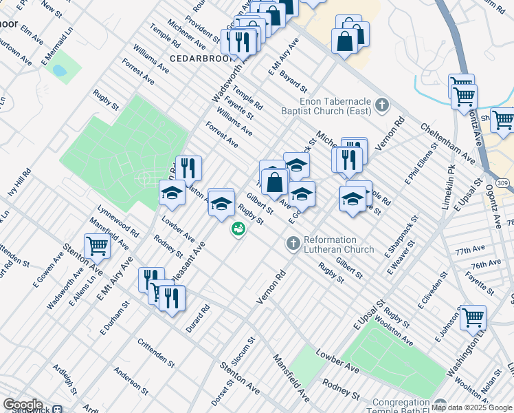 map of restaurants, bars, coffee shops, grocery stores, and more near 8114 Gilbert St in Philadelphia
