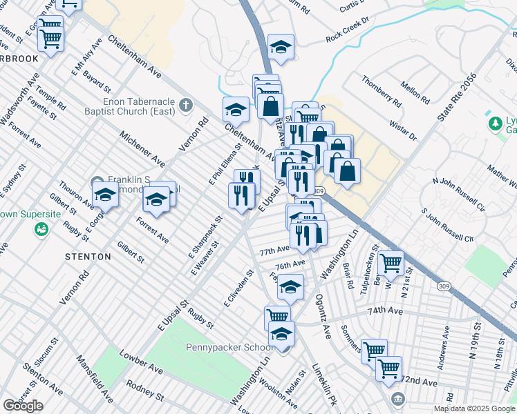 map of restaurants, bars, coffee shops, grocery stores, and more near 1525 East Upsal Street in Philadelphia