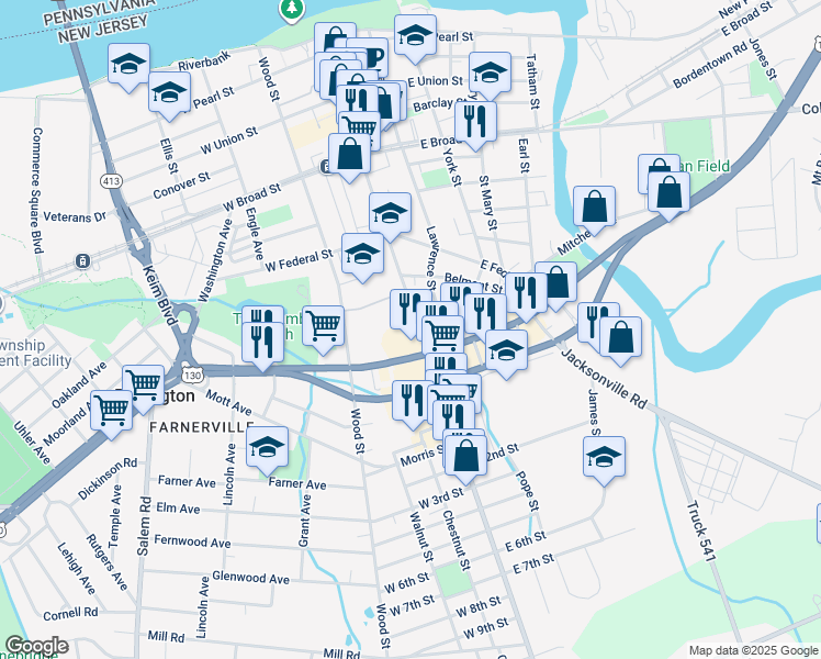 map of restaurants, bars, coffee shops, grocery stores, and more near 576 High Street in Burlington