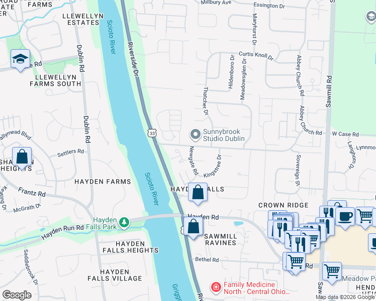 map of restaurants, bars, coffee shops, grocery stores, and more near 5763 Newgate Road in Dublin