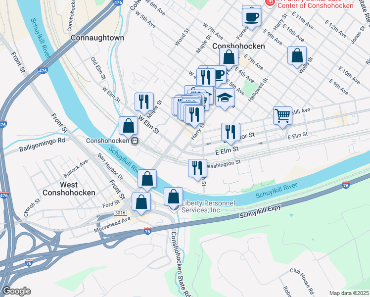 map of restaurants, bars, coffee shops, grocery stores, and more near 43 Harry Street in Conshohocken