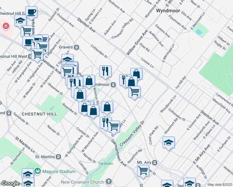 map of restaurants, bars, coffee shops, grocery stores, and more near 240 Springfield Avenue in Philadelphia