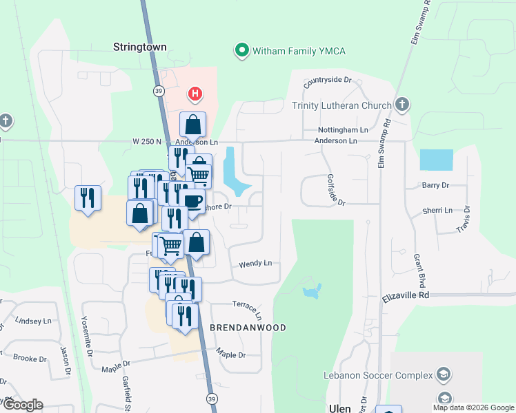 map of restaurants, bars, coffee shops, grocery stores, and more near 222 East Lakeshore Drive in Lebanon