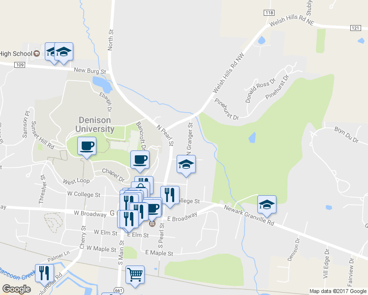 map of restaurants, bars, coffee shops, grocery stores, and more near 425 North Granger Street in Granville