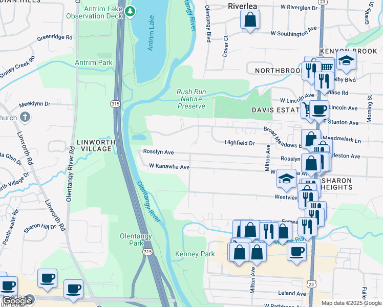 map of restaurants, bars, coffee shops, grocery stores, and more near 392 Rosslyn Avenue in Columbus