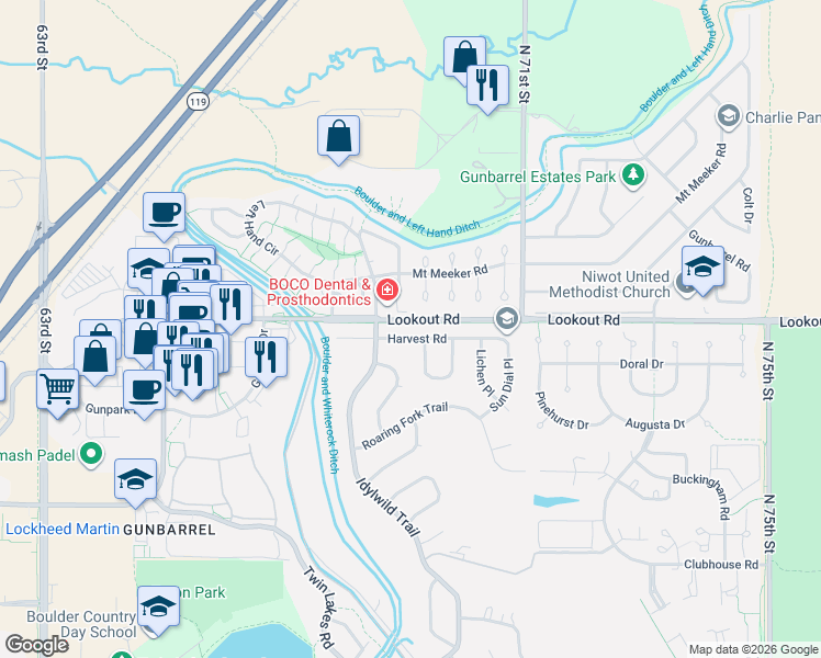 map of restaurants, bars, coffee shops, grocery stores, and more near 6921 Harvest Road in Boulder