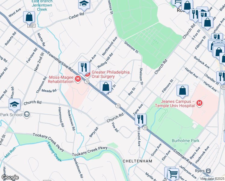 map of restaurants, bars, coffee shops, grocery stores, and more near 122 Perry Street in Elkins Park