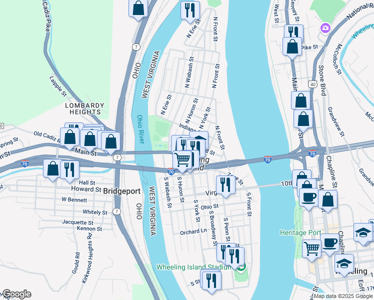 map of restaurants, bars, coffee shops, grocery stores, and more near 78 Maryland Street in Wheeling