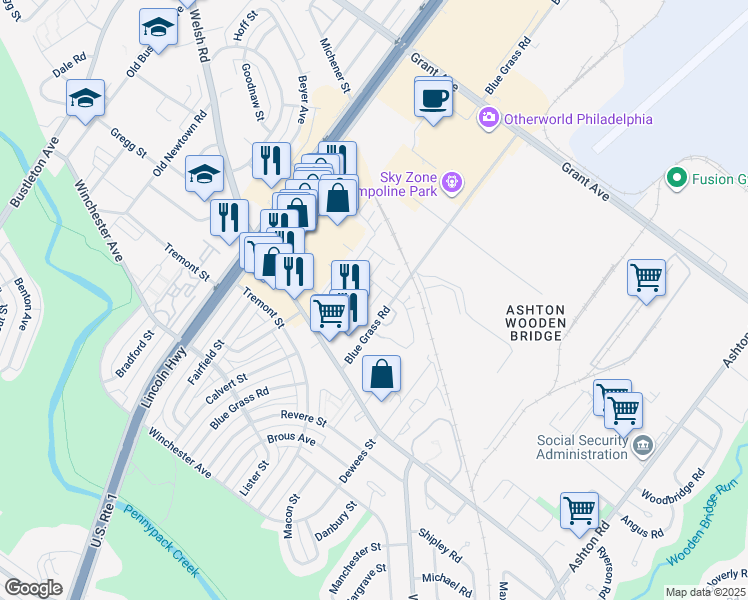 map of restaurants, bars, coffee shops, grocery stores, and more near 12 Bonnie Gellman Court in Philadelphia