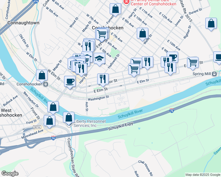 map of restaurants, bars, coffee shops, grocery stores, and more near 323 East Elm Street in Conshohocken
