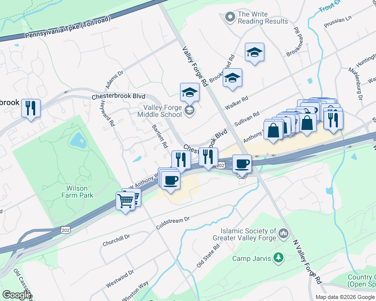 map of restaurants, bars, coffee shops, grocery stores, and more near 106 Bernard Court in Chesterbrook