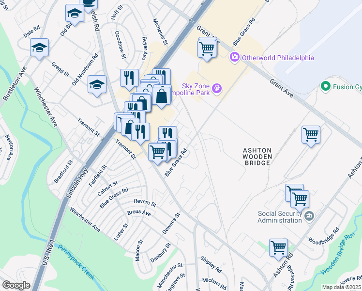 map of restaurants, bars, coffee shops, grocery stores, and more near 30 Bonnie Gellman Court in Philadelphia