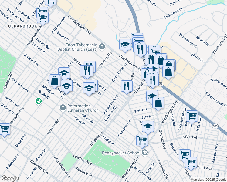 map of restaurants, bars, coffee shops, grocery stores, and more near 7824 Michener Avenue in Philadelphia