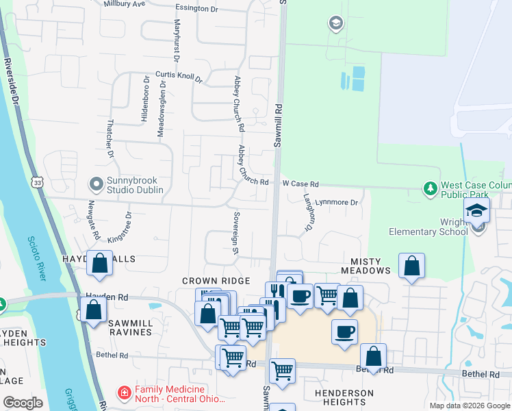 map of restaurants, bars, coffee shops, grocery stores, and more near 2914 West Case Road in Columbus