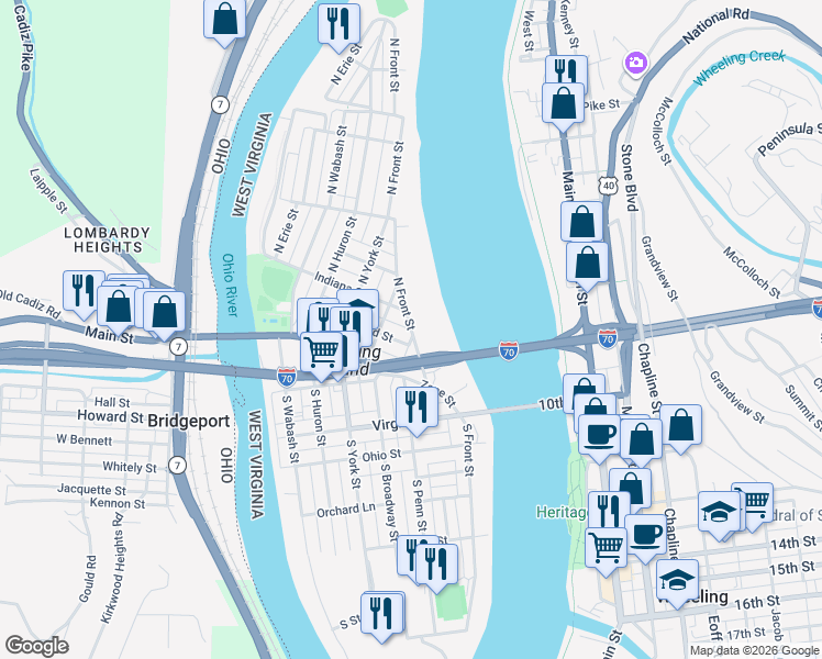 map of restaurants, bars, coffee shops, grocery stores, and more near 129 N Front St in Wheeling