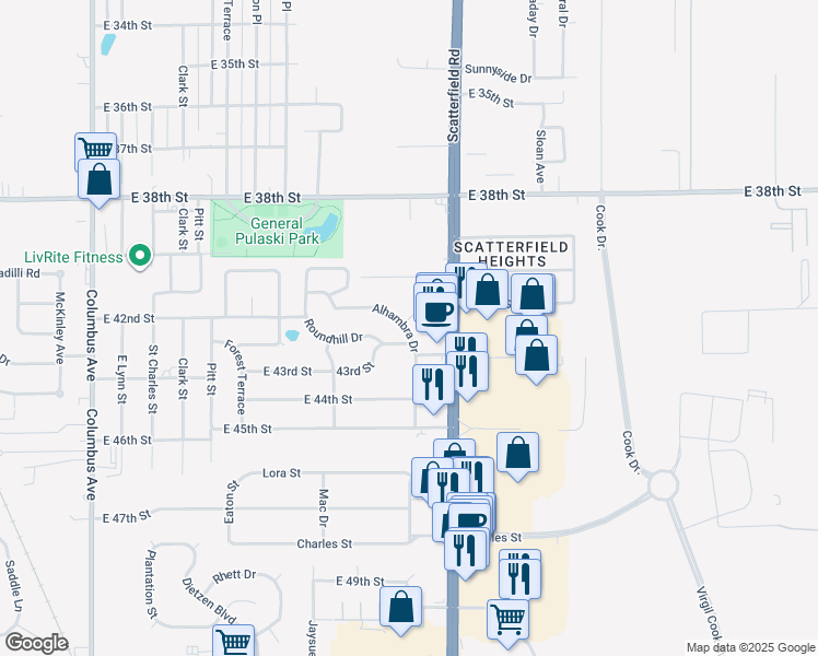 map of restaurants, bars, coffee shops, grocery stores, and more near 4216 Alhambra Drive in Anderson