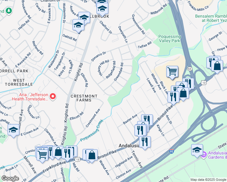 map of restaurants, bars, coffee shops, grocery stores, and more near 220 Lawnbrook Road in Philadelphia