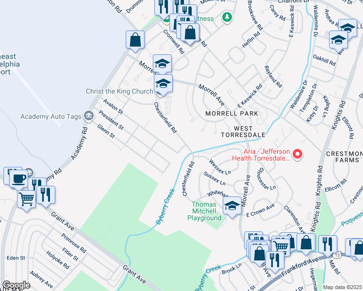 map of restaurants, bars, coffee shops, grocery stores, and more near 3382 Chesterfield Road in Philadelphia