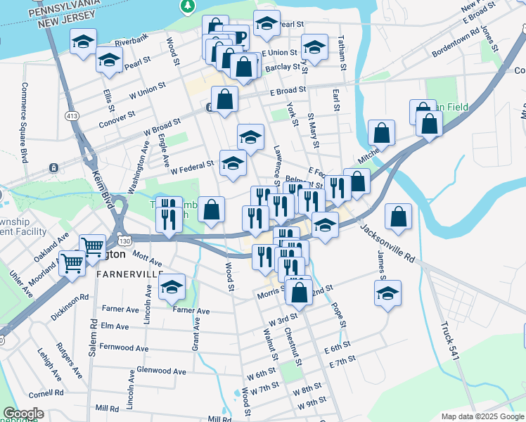 map of restaurants, bars, coffee shops, grocery stores, and more near 576 High Street in Burlington Township