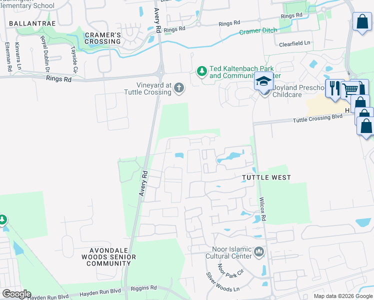 map of restaurants, bars, coffee shops, grocery stores, and more near 5975 Whitebark Pine Trail in Dublin