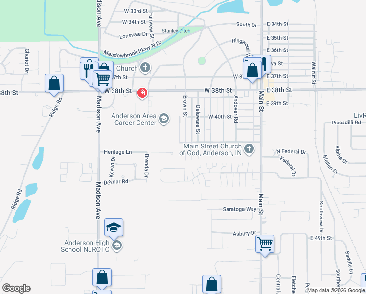 map of restaurants, bars, coffee shops, grocery stores, and more near 4209 Brown Street in Anderson