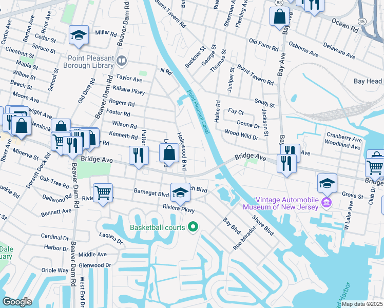 map of restaurants, bars, coffee shops, grocery stores, and more near 1129 Roe Avenue in Point Pleasant