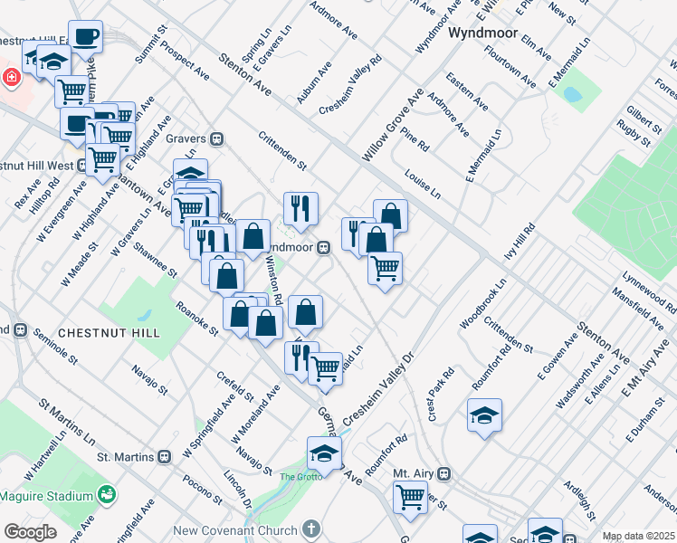 map of restaurants, bars, coffee shops, grocery stores, and more near 246 East Springfield Avenue in Philadelphia
