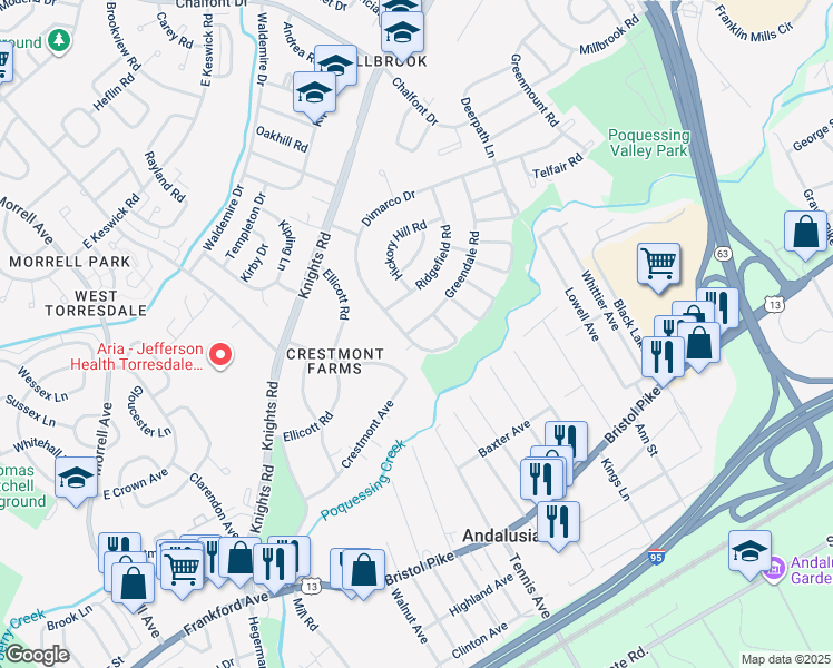 map of restaurants, bars, coffee shops, grocery stores, and more near 147 Dimarco Drive in Philadelphia