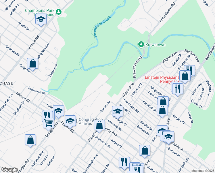 map of restaurants, bars, coffee shops, grocery stores, and more near 8237 Rose Petal Drive in Philadelphia