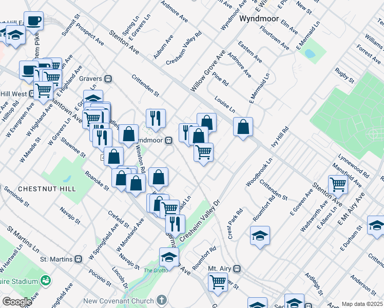 map of restaurants, bars, coffee shops, grocery stores, and more near 7709 Crittenden Street in Philadelphia