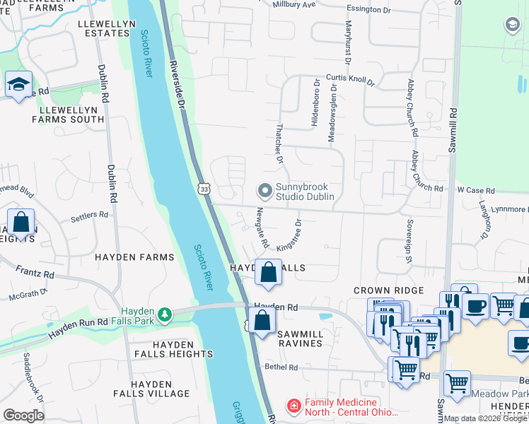 map of restaurants, bars, coffee shops, grocery stores, and more near 5763 Newgate Road in Dublin