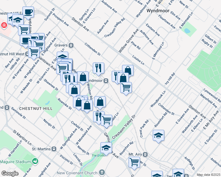 map of restaurants, bars, coffee shops, grocery stores, and more near 246 East Springfield Avenue in Philadelphia