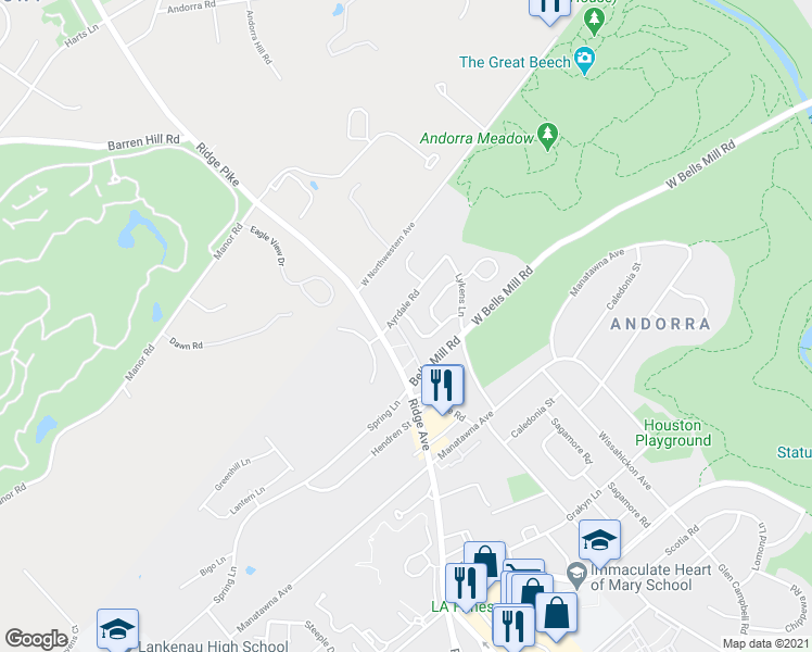 map of restaurants, bars, coffee shops, grocery stores, and more near 811 Green Valley Drive in Philadelphia