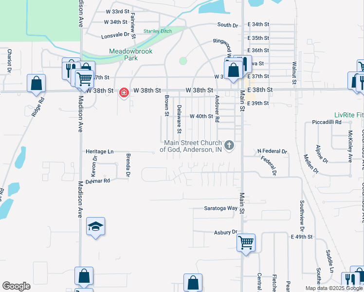 map of restaurants, bars, coffee shops, grocery stores, and more near 4204 Delaware Street in Anderson