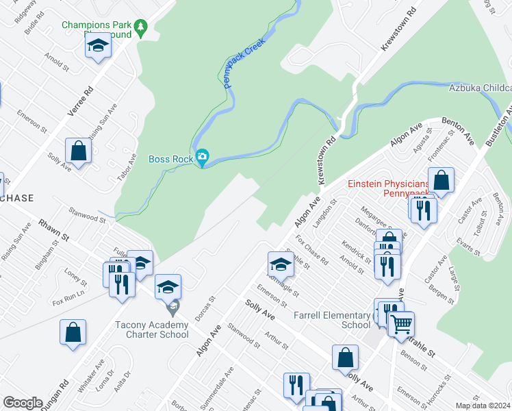 map of restaurants, bars, coffee shops, grocery stores, and more near 8237 Rose Petal Drive in Philadelphia