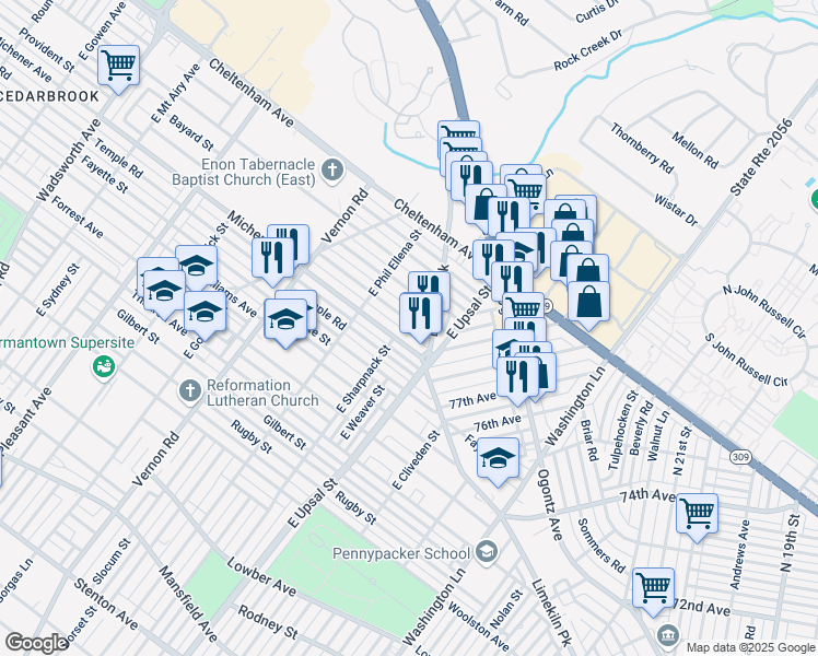 map of restaurants, bars, coffee shops, grocery stores, and more near 7824 Provident Road in Philadelphia
