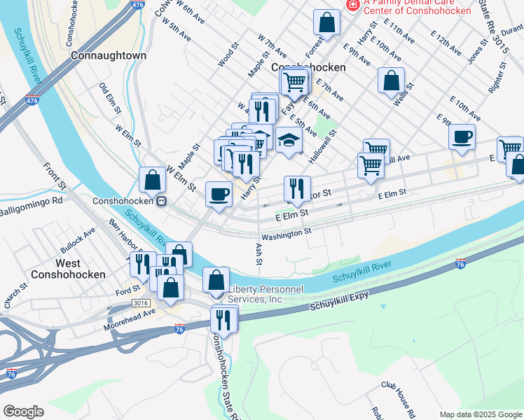 map of restaurants, bars, coffee shops, grocery stores, and more near 203 East Hector Street in Conshohocken