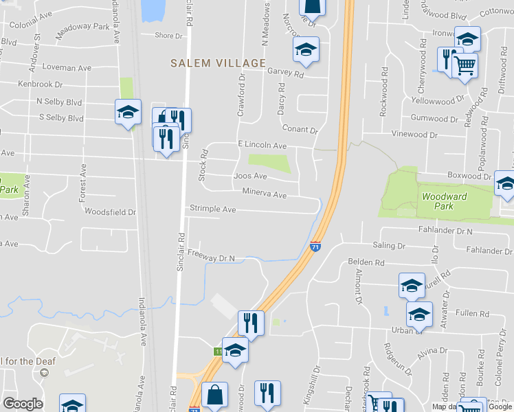 map of restaurants, bars, coffee shops, grocery stores, and more near 950 Strimple Avenue in Columbus