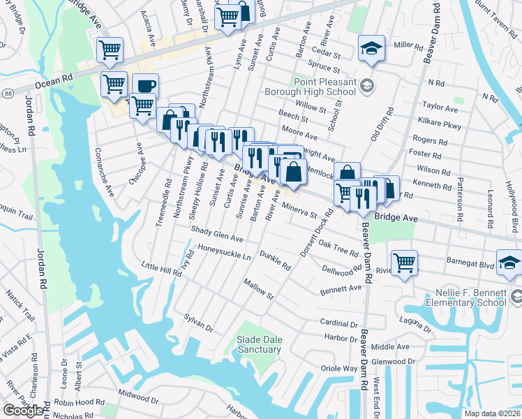 map of restaurants, bars, coffee shops, grocery stores, and more near 1318 Barton Avenue in Point Pleasant