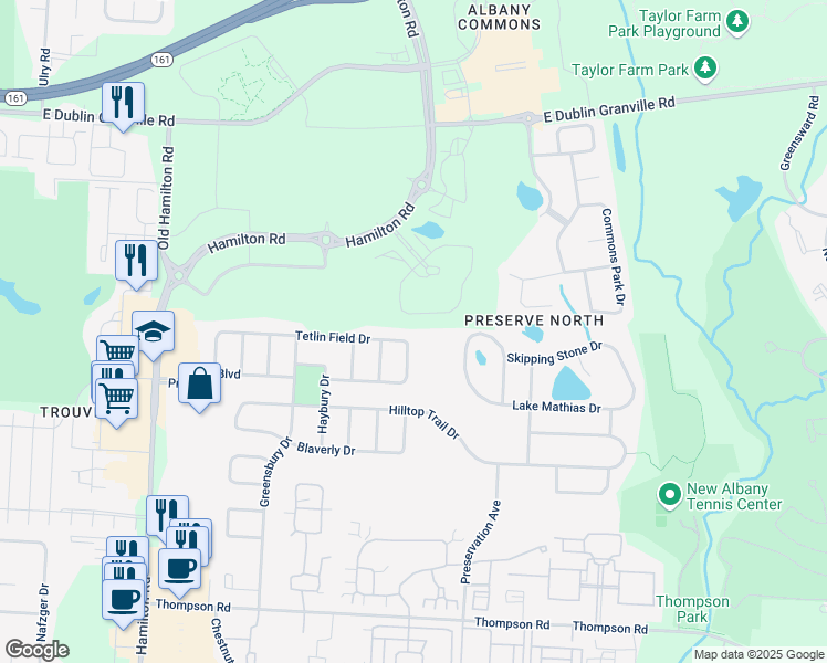 map of restaurants, bars, coffee shops, grocery stores, and more near 6194 Tetlin Field Drive in New Albany