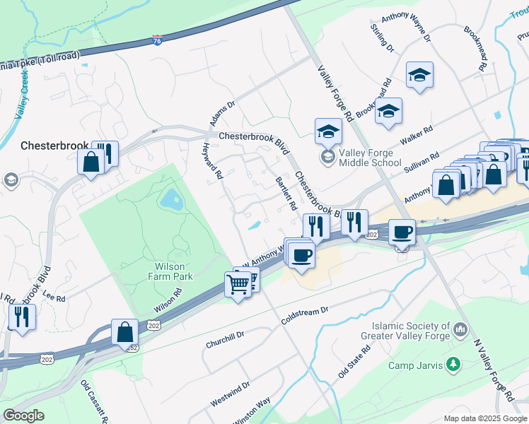 map of restaurants, bars, coffee shops, grocery stores, and more near 323 Headhouse Court in Chesterbrook