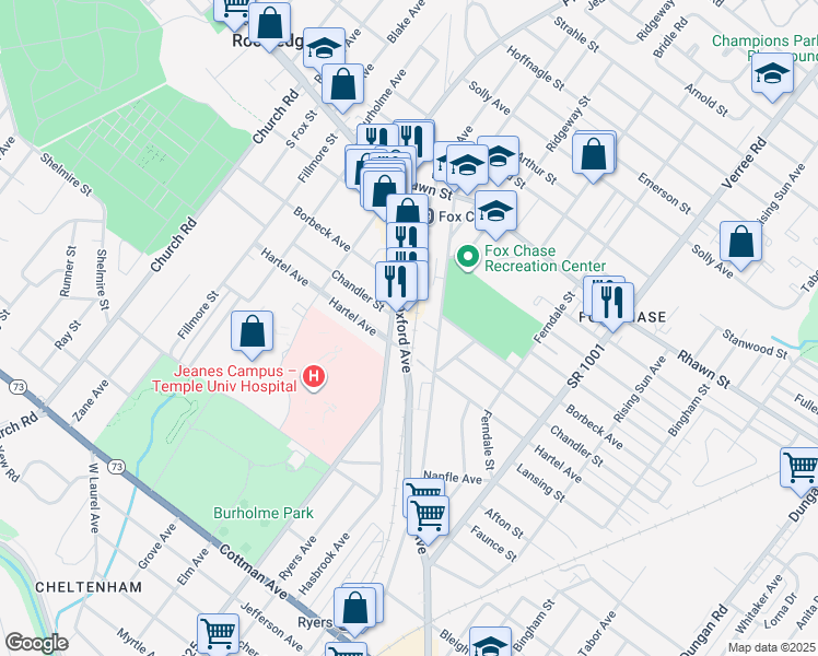 map of restaurants, bars, coffee shops, grocery stores, and more near 7811 Oxford Avenue in Philadelphia