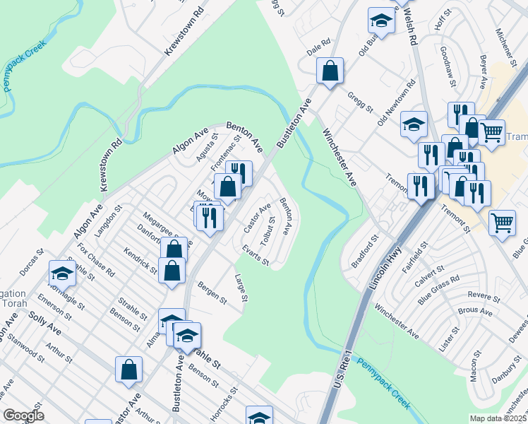 map of restaurants, bars, coffee shops, grocery stores, and more near 8570 Tolbut Street in Philadelphia