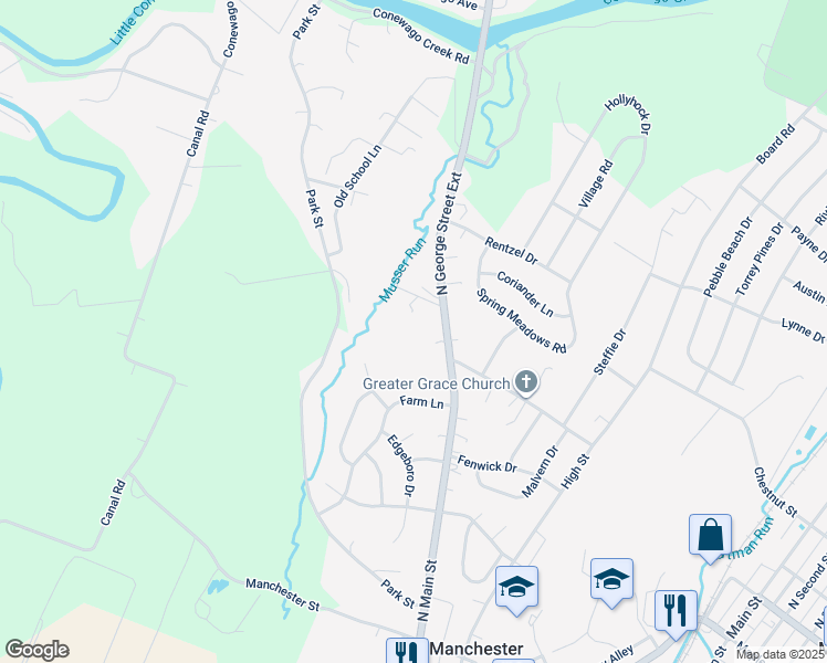 map of restaurants, bars, coffee shops, grocery stores, and more near 5170 N George Street Ext in Manchester