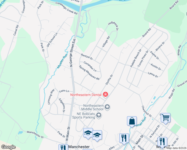 map of restaurants, bars, coffee shops, grocery stores, and more near 181 Spring Meadows Road in Manchester