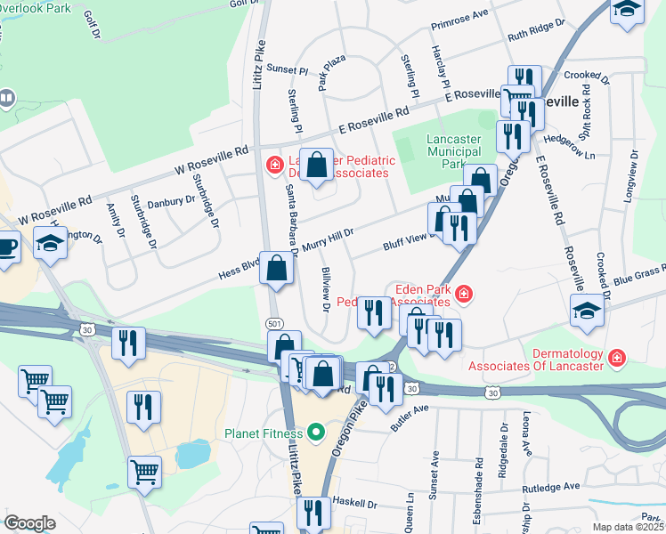 map of restaurants, bars, coffee shops, grocery stores, and more near 1735 Billview Drive in Lancaster