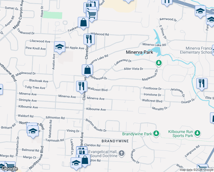 map of restaurants, bars, coffee shops, grocery stores, and more near 5048 Blue Meadow Court in Columbus