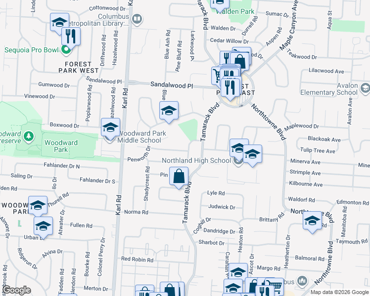 map of restaurants, bars, coffee shops, grocery stores, and more near 1762 Sugarmaple Drive in Columbus