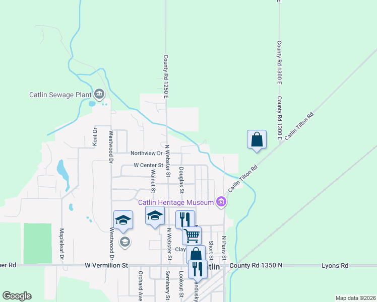 map of restaurants, bars, coffee shops, grocery stores, and more near 101 Northview Drive in Catlin